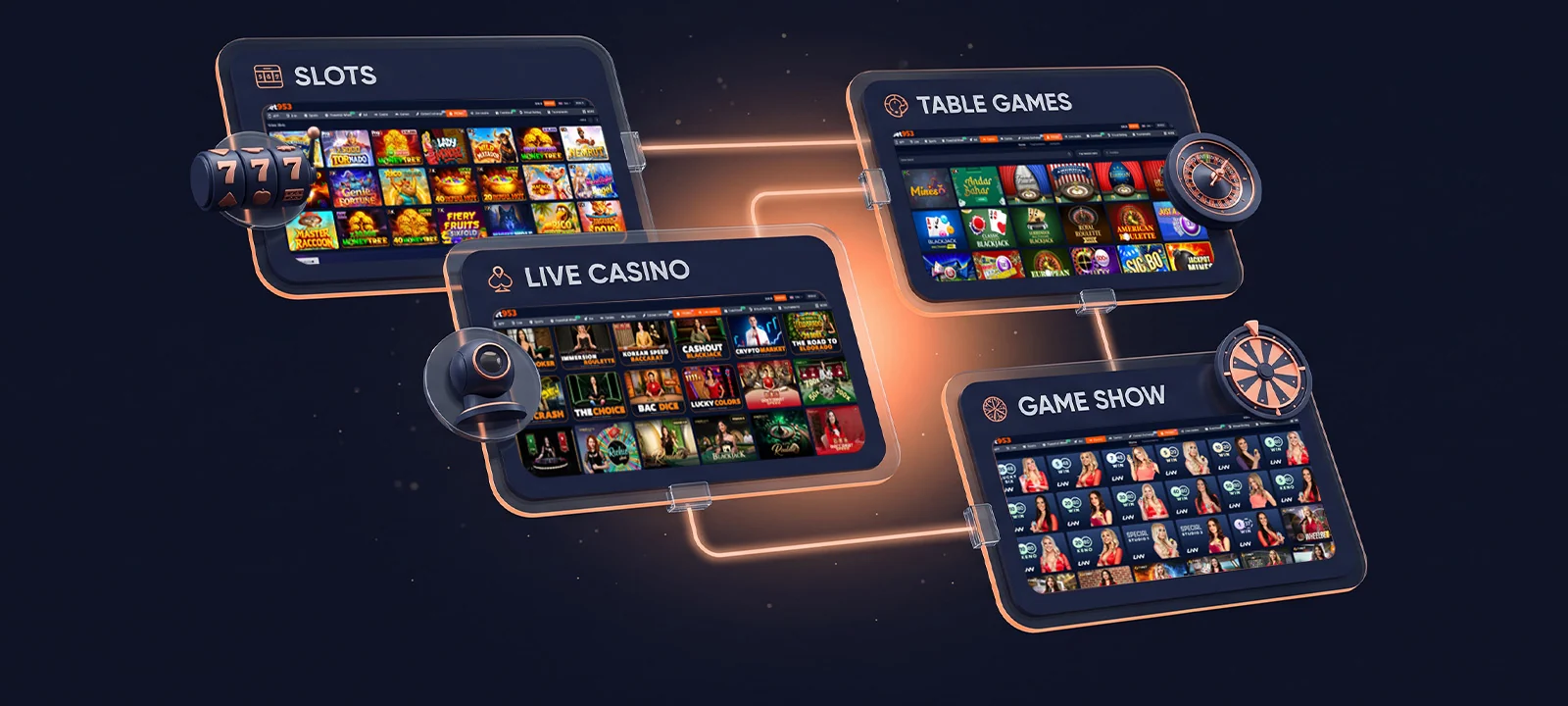 BET953 casino game lobby with slots and crash games